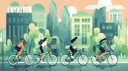 Friends Riding Their Bikes Through A Green City. Scaleable & Editable Vector Art photo