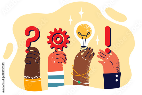 People hands with symbols of looking for ideas to create innovative business or production 