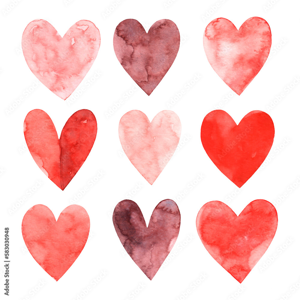 Collection of hand drawn watercolor hearts. Isolated on white background. Symbol of love. Valentine's Day. Wedding.