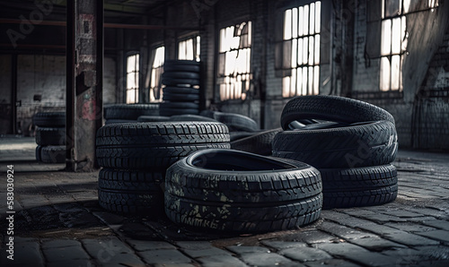 Old Tires Inside an Abandoned Warehouse-Generative AI © simon