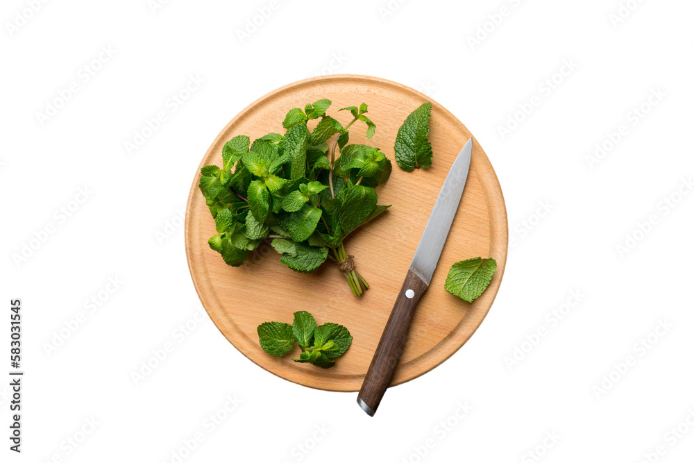 Fresh mint on Cutting board table isolated on white background, top view. Flat lay Space for text Fresh mint on Cutting board table isolated on white background, top view. Flat lay Space for text