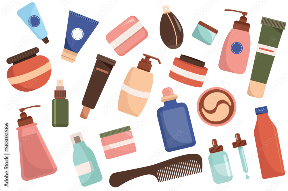 Cosmetic products set concept in the flat cartoon design. Image of combs, creams and other women's cosmetics. Vector illustration. Cosmetic products set concept in the flat cartoon design. Image of combs, creams and other women's cosmetics. Vector illustration.