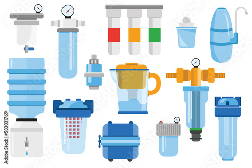 Water filters set icons concept in the flat cartoon design. Image of different types of filters for drinking water purification. Vector illustration.
