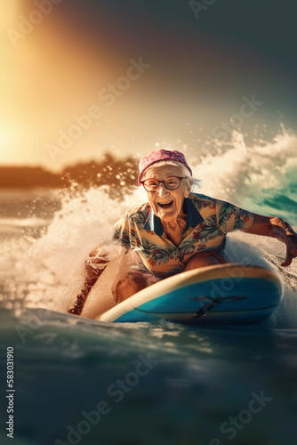 AI illustration of a happy grandma surfing © Marko