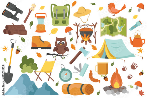 Camping set icons concept in the flat cartoon design. Images of things and tools that will be needed in camping. Vector illustration.