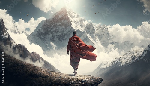 Fotografering Tibetan monk in red robe walking on path among mountains rear view, beautiful na