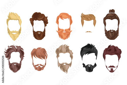 Hairstyle men set icons concept in the flat cartoon style. Images of men's hairstyles in different colors and styles. Vector illustration.