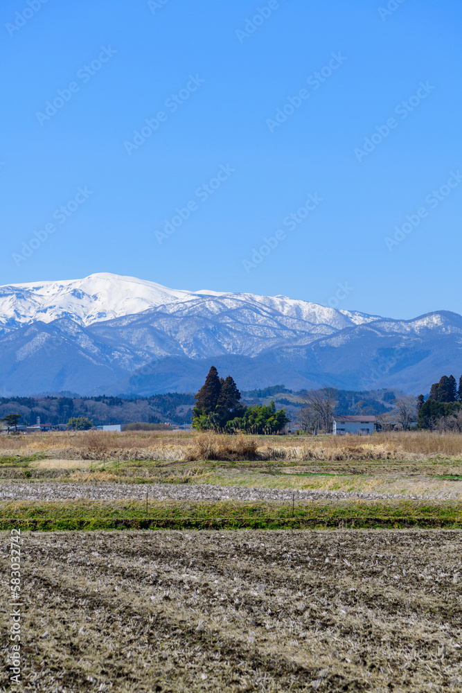Fototapeta premium 春を待つ蔵王と宮城の田園地帯 