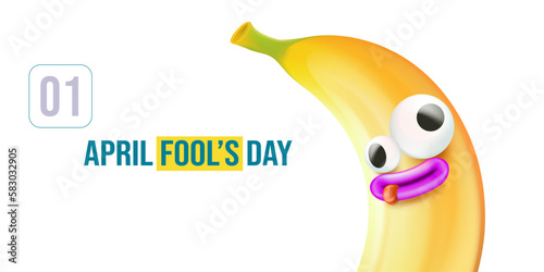 April Fools day funky horizontal banner with silly banana character isolated on white background. 1 st april fool day banner, poster, label, flyer and greeting card. Fool day print