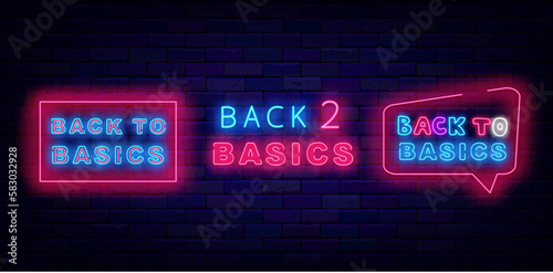 Back to basics neon signs set. Geometric frames on brick wall. September activity. Vector stock illustration