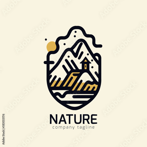 vector illustration. mountain beach cliff sea logo design template monoline style. vintage badge