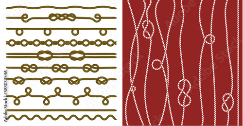 Set of Rope and knots. Decorative elements. Vector illustration collection.