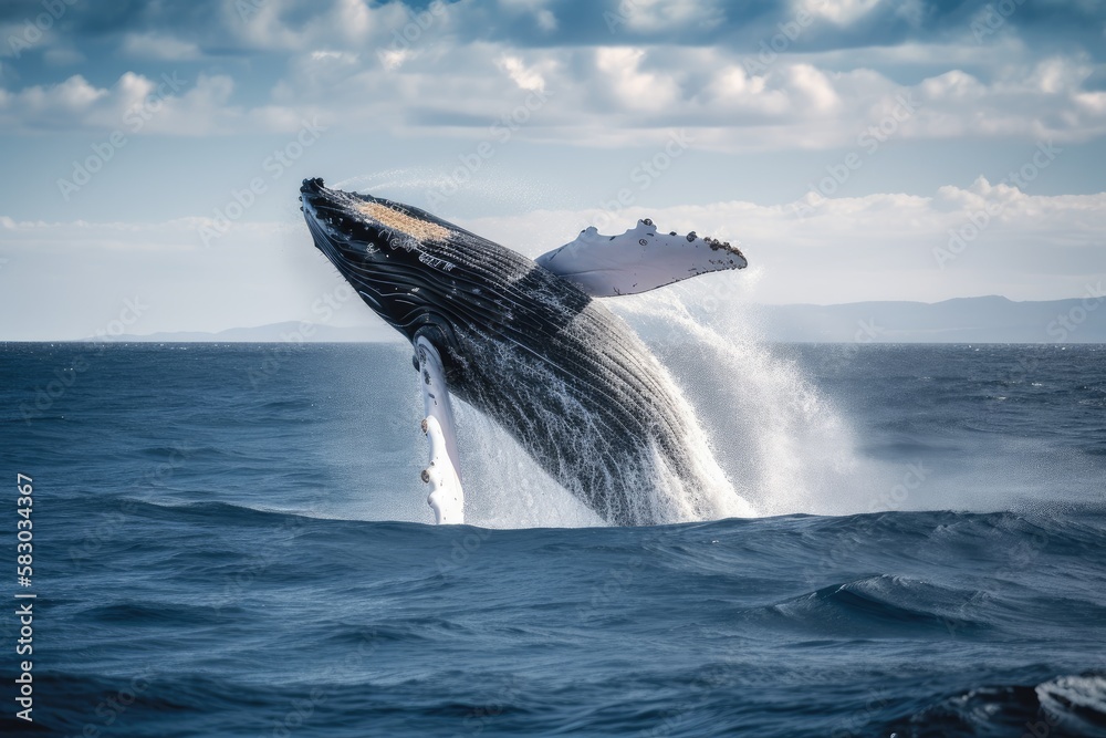 Fototapeta premium A humpback whale leaping out of water, jump out of water.