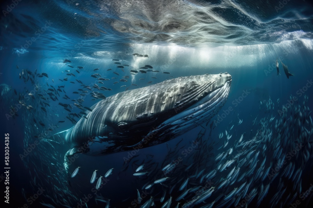 A Humpback Whale surrounded by school of fish.