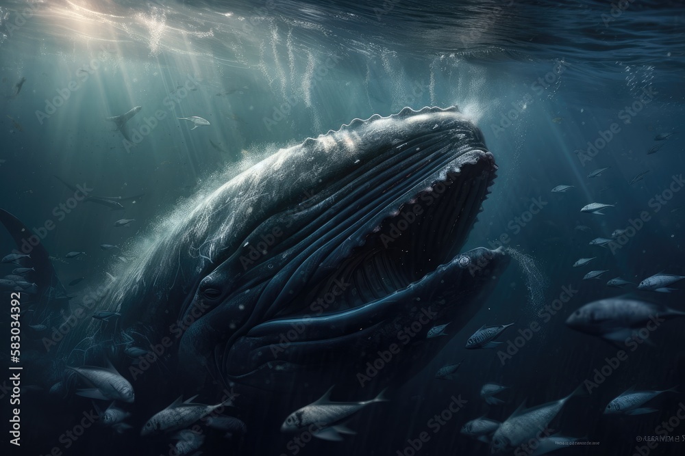 Fototapeta premium A Humpback Whale swallowing school of fish.