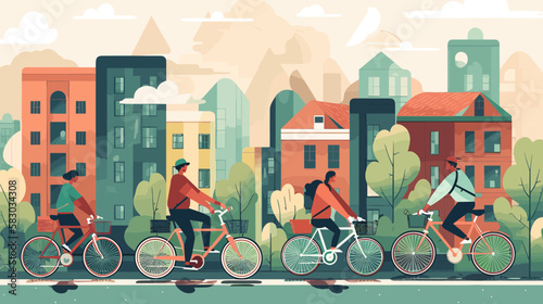 Friends Riding Their Bikes Through A Green City. Scaleable & Editable Vector Art