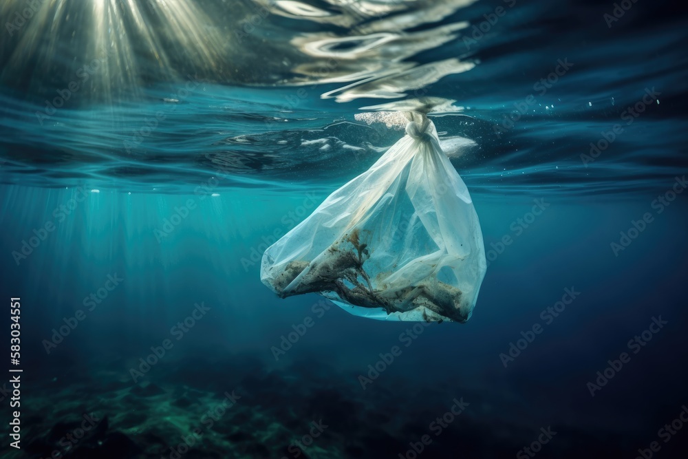 a Fish stuck inside plastic bag swimming in the ocean water.