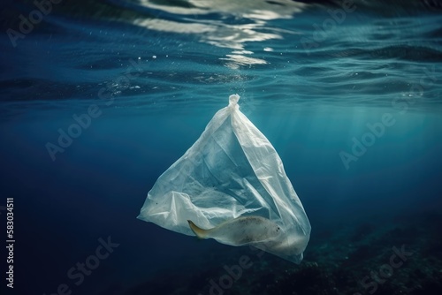 a Fish stuck inside plastic bag swimming in the ocean water.