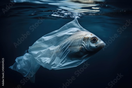 a Fish stuck inside plastic bag swimming in the ocean water.