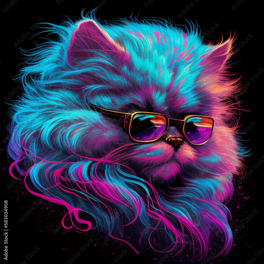 CAT, PERSIAN CAT, MODERN DESIGN, synthwave 80s style, stunning look, abstract art, unique illustration