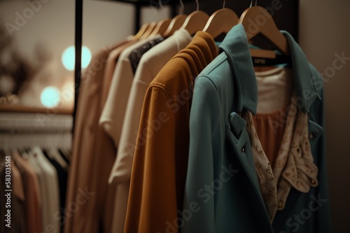 Clothes on hangers in a closet. Wardrobe with clothes. Generative AI
