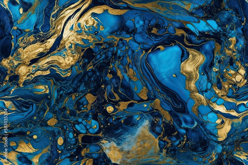 Illustration of Generative AI. Seamless marble surface of blue color with golden streaks. Beautiful blue stone texture.