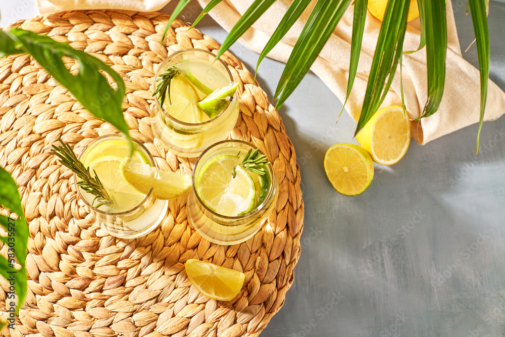 Summer refreshing drinks or cocktails with lemon, lime and rosemary. Cool lemon drinks in the heat