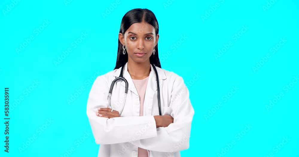 Woman, medical and doctor shaking head for no, medicine support error or healthcare disagreement. Professional nurse portrait, cardiology mistake and female hospital surgeon on blue background studio Woman, medical and doctor shaking head for no, medicine support error or healthcare disagreement. Professional nurse portrait, cardiology mistake and female hospital surgeon on blue background studio