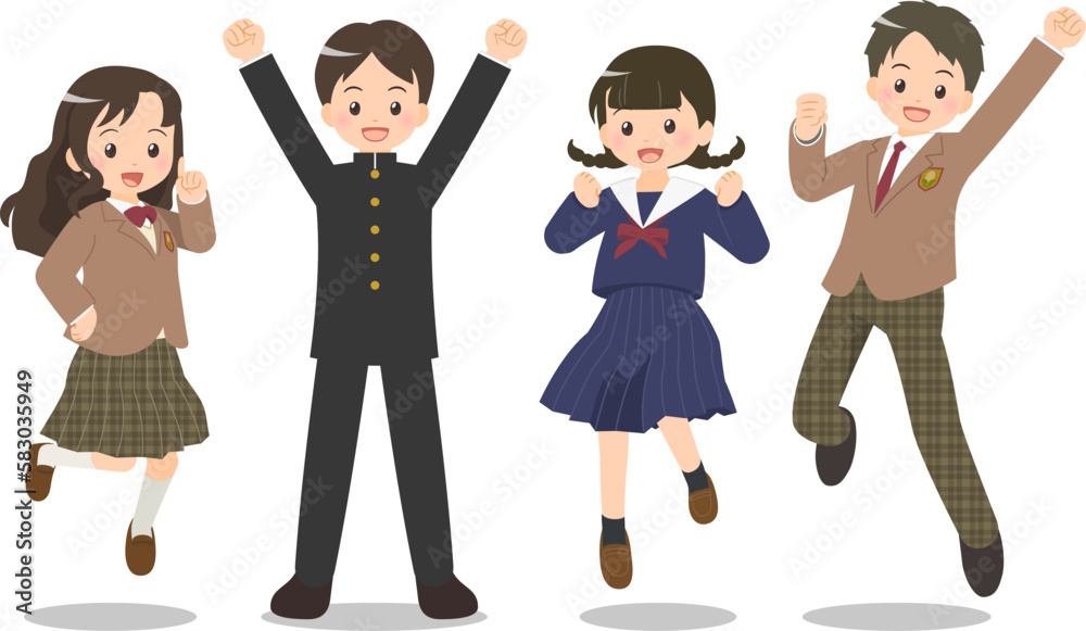 笑顔でジャンプをする男女の学生たち