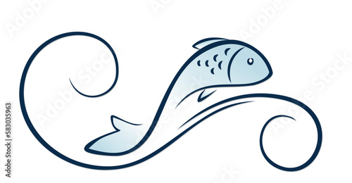 The symbol of a stylized fish with blue wave.
