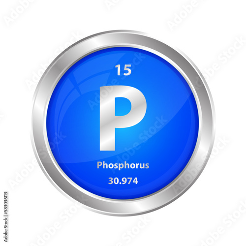 Icon structure Phosphorus (P) chemical element round shape circle blue. Chemical element of the periodic table. Sign with atomic number. Study in science for education. 3D vector illustration.	