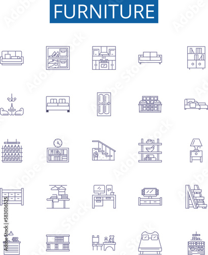 Furniture line icons signs set. Design collection of Chair, Table, Desk, Couch, Sofa, Bed, Unit, Ottoman outline concept vector illustrations