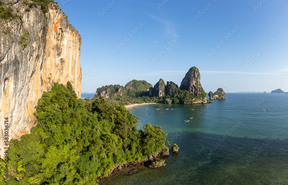 Krabi, Thailand: Aerial view of the famous Railay beach in Krabi along the Andaman sea in southern Thailand on a sunny day