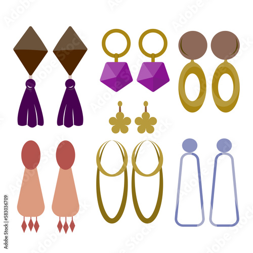 Fashionable set of earrings. Feminine jewelry, wear accessories of fashionable shapes, modern design. Stylish women's jewelry. Jewelry for girls. Flat illustration highlighted on a white background