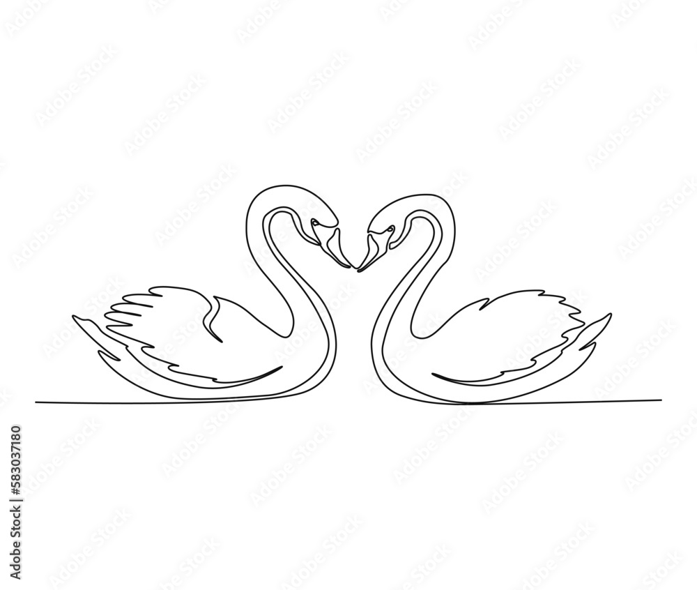 Continuous one line drawing of couple mute swan. Lovely couple of swan outline vector illustration. Continuous one line drawing of couple mute swan. Lovely couple of swan outline vector illustration.