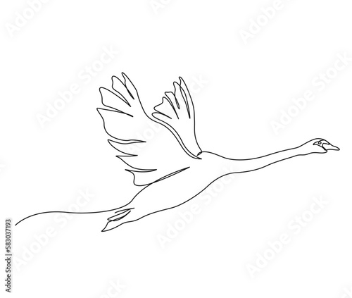 Continuous one line drawing of flying swan. Simple mute swan outline vector illustration.