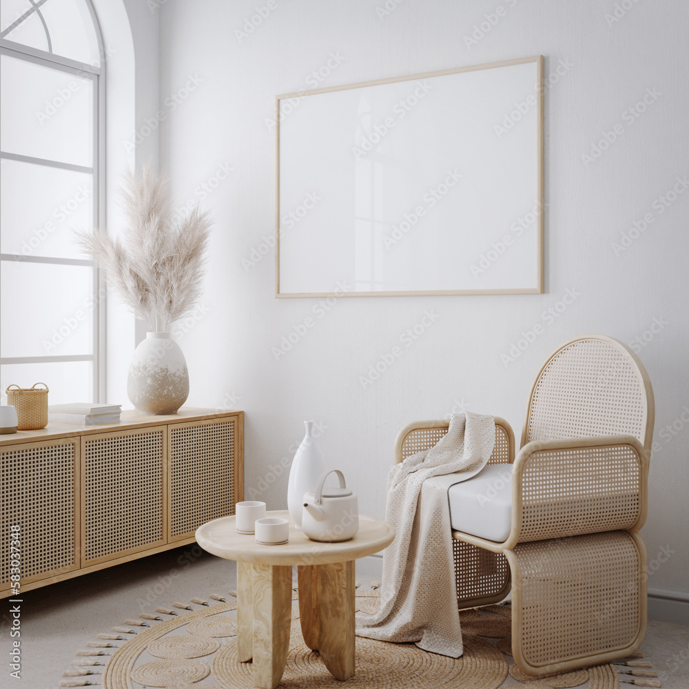 Boho style interior with blank picture frame.3d rendering Boho style interior with blank picture frame.3d rendering