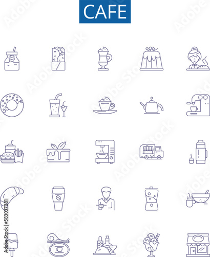 Cafe line icons signs set. Design collection of Cafe, Coffee, Restaurant, Latte, Espresso, Breakfast, Tea, Bistro outline concept vector illustrations