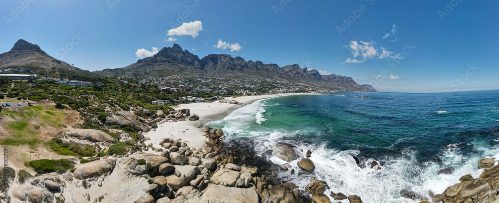 Drone view at Camps bay near Cape Town on South Africa