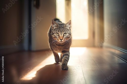 Cute cat walking towards camera, sunny home.
Generative AI