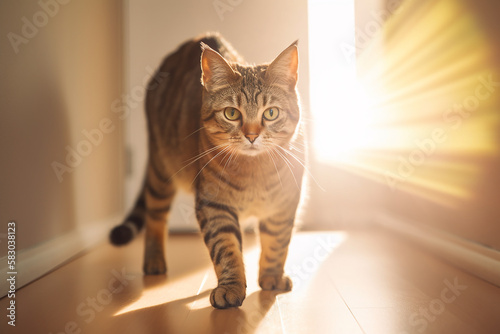 Cute cat walking towards camera, sunny home. Generative AI