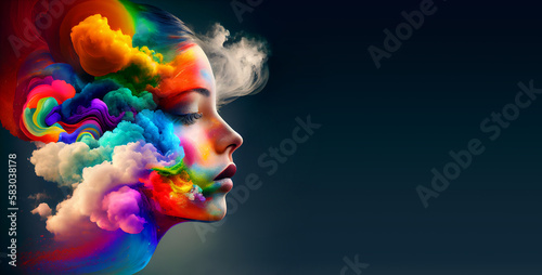 Woman with rainbow colored clouds, creativity explosion, positive thinking, self identidy and wave of imagination, generative AI photo