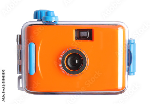 orange pocket camera or  film camera in waterproof case isolated on white background