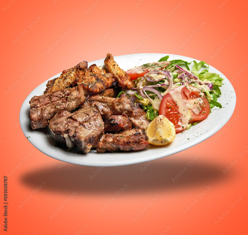 Floating White plate with Mixed meat grilled and salad