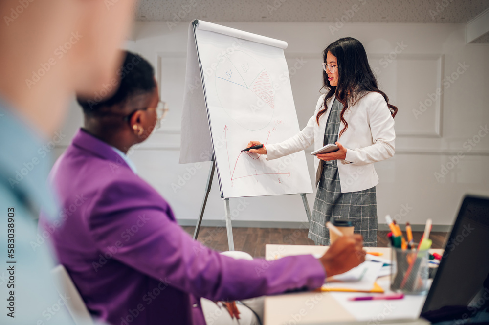 Fototapeta premium Asian businesswoman holding a presentation during a meeting in an office