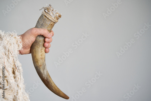 Obraz na plátně Barbarian and Viking arm with furr clothing holding bull horn as a drinking cup