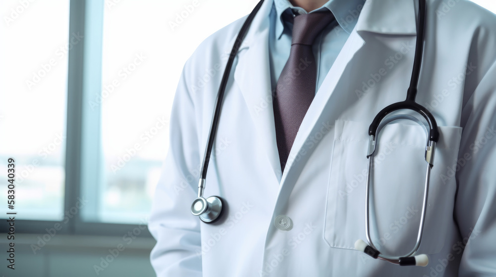 Unrecognized Doctor Man In Uniform With Hanging Stethoscope In Hospital. Generative AI Unrecognized Doctor Man In Uniform With Hanging Stethoscope In Hospital. Generative AI