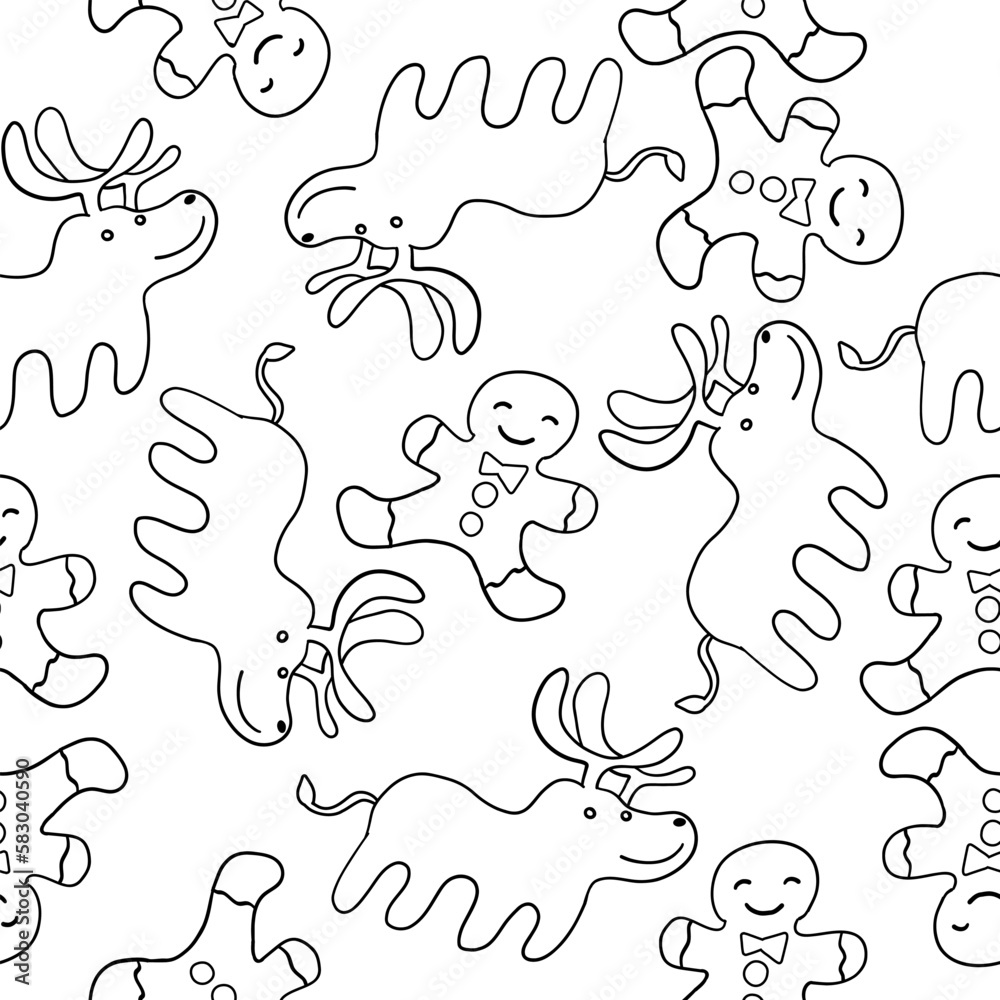 Gingerbread Man and Deer in outline doodle style. Christmas and New Year cookie. Vector seamless pattern isolated on white background. Gingerbread Man and Deer in outline doodle style. Christmas and New Year cookie. Vector seamless pattern isolated on white background.