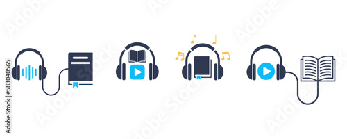 Set of audiobook  vector icons. Audiobook and headphones. Listen book. Modern learning. Online library.