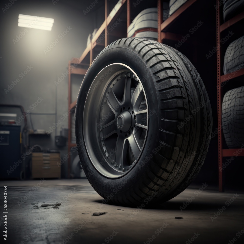 Generative AI illustration of wheel with metal rim placed on floor near shelves in garage Generative AI illustration of wheel with metal rim placed on floor near shelves in garage